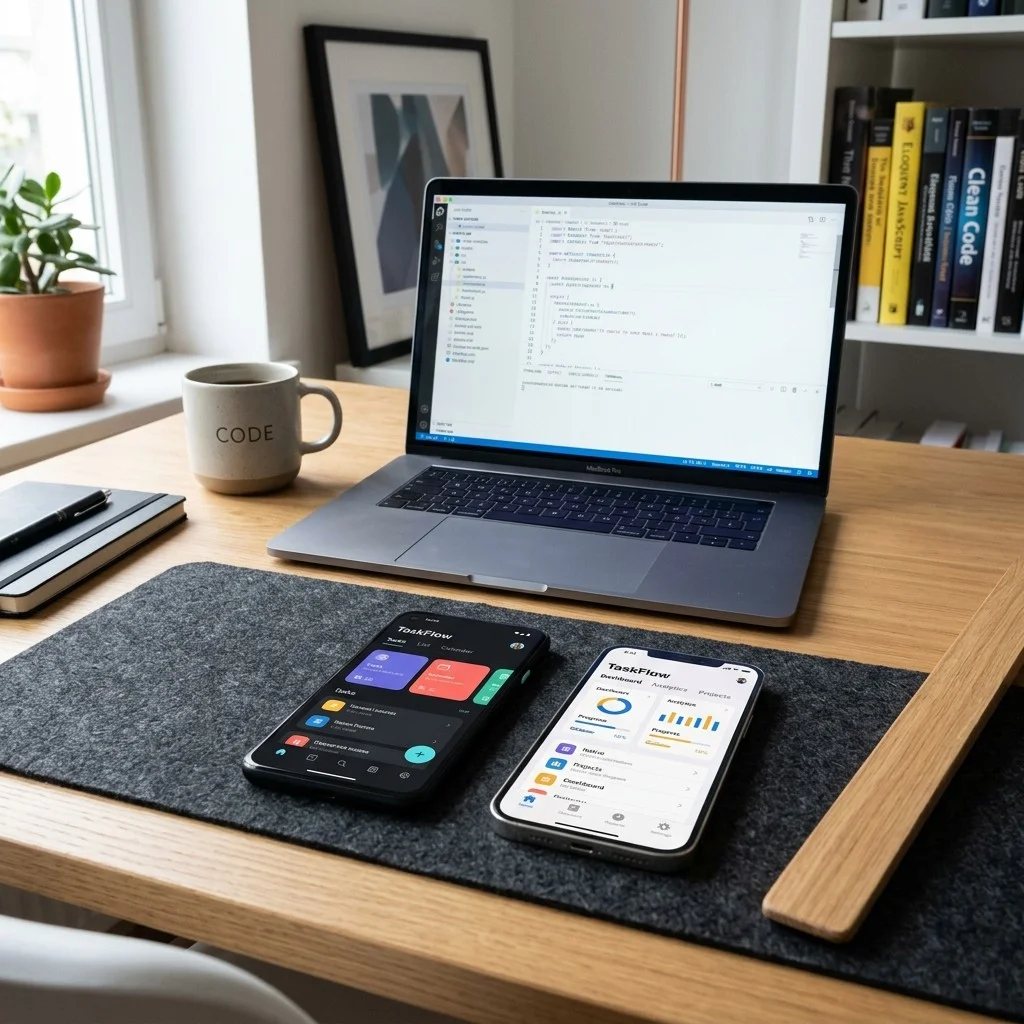 Split screen comparison showing native app code on one side and cross-platform framework on the other.