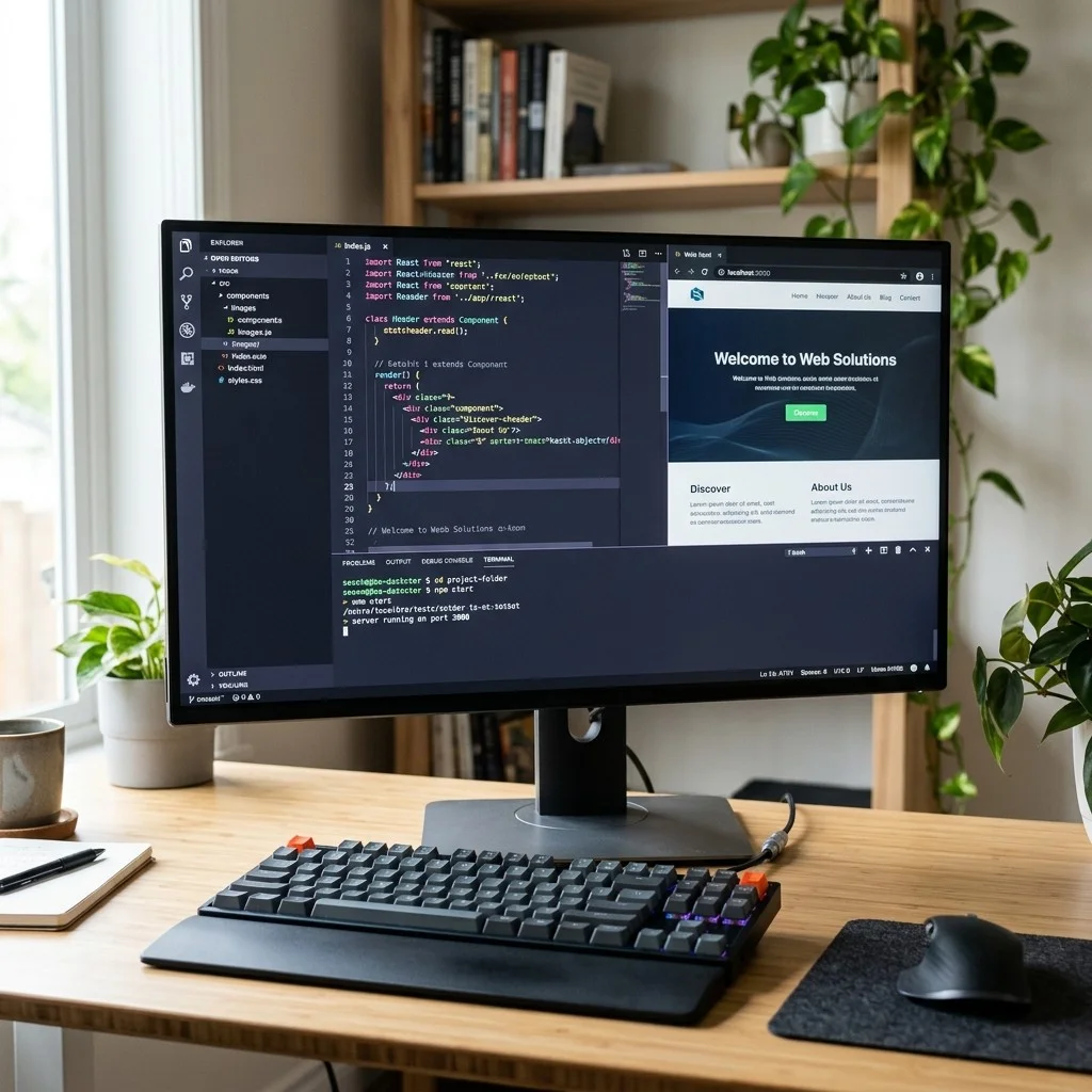 Code editor screen showing split panes, syntax highlighting, and keyboard shortcut overlay.