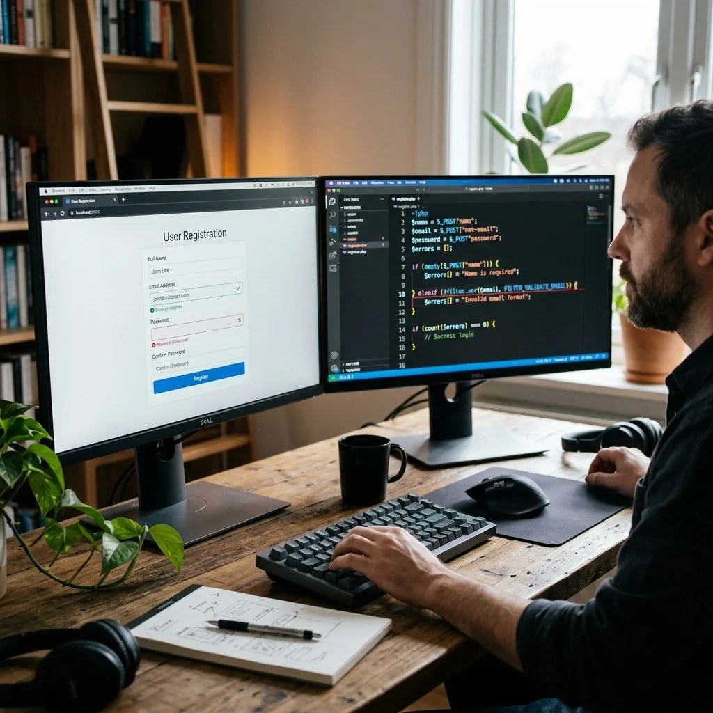 PHP form validation shown with web form preview and backend code.