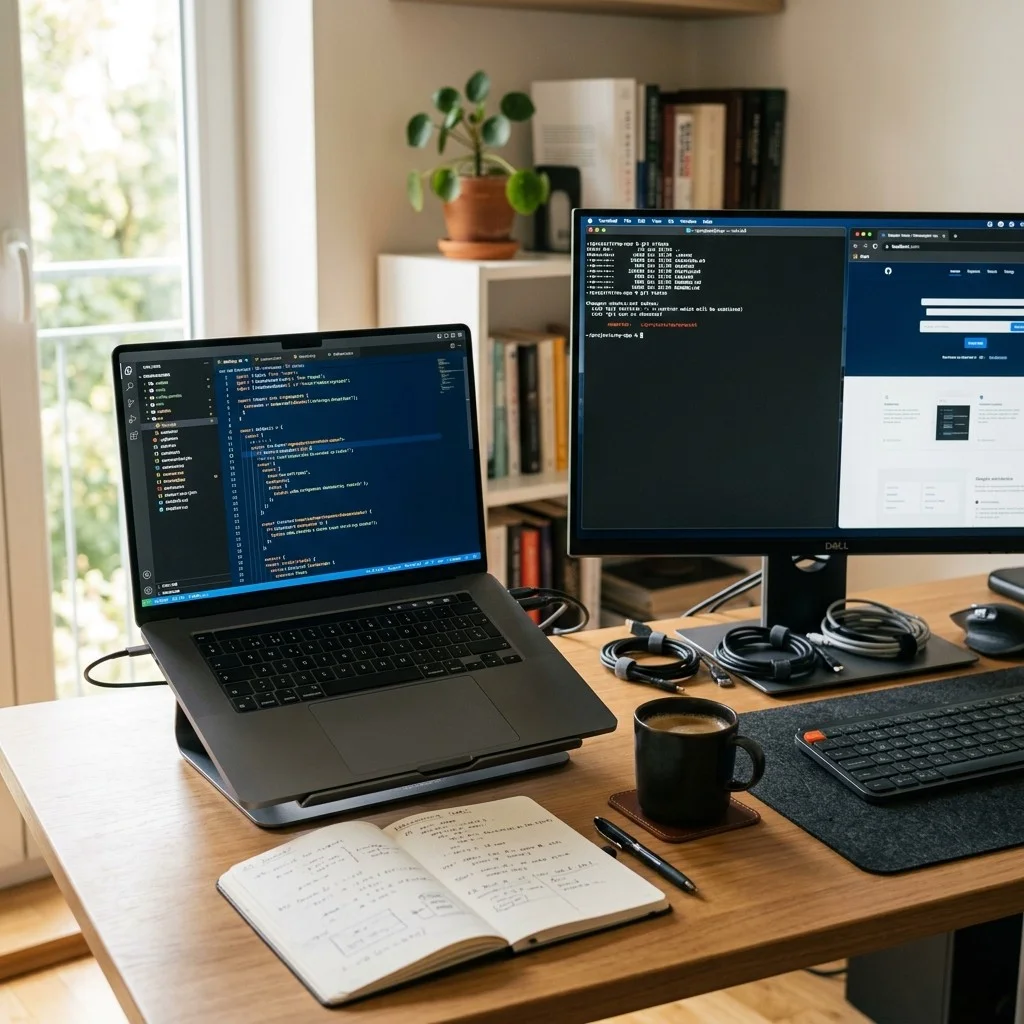 Clean developer workspace with laptop, code editor, terminal window, and organized tool icons.
