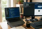 Clean developer workspace with laptop, code editor, terminal window, and organized tool icons.