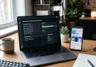 Laptop showing app release dashboard with deployment checklist and smartphone preview.