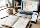 Organized desk with app wireframe sketches, planning notebook, and project board.