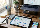 Clean UI design mockup showing color palette, typography scale, and mobile screen layouts.