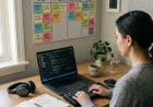 Organized developer desk with task board, timer, notebook, and clean workspace.
