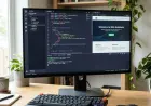 Code editor screen showing split panes, syntax highlighting, and keyboard shortcut overlay.