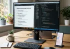 Monitor showing code testing checklist with warning icons and smartphone with highlighted issues.