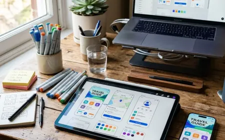 Clean UI design mockup showing color palette, typography scale, and mobile screen layouts.