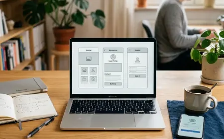 Developer workspace with laptop showing mobile app project code and smartphone beside it.