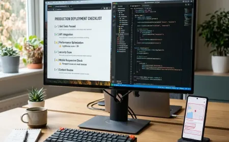 Monitor showing code testing checklist with warning icons and smartphone with highlighted issues.