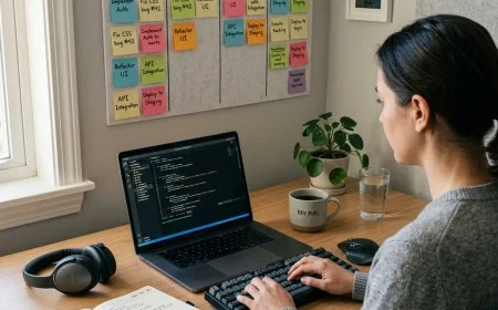 Organized developer desk with task board, timer, notebook, and clean workspace.