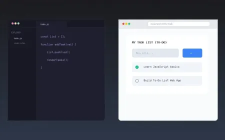 Beginner JavaScript to-do list project shown with code editor and web app preview.