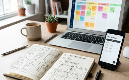 Organized desk with app wireframe sketches, planning notebook, and project board.