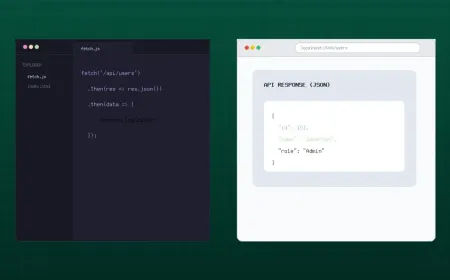 JavaScript Fetch API request showing browser, code editor and data response.