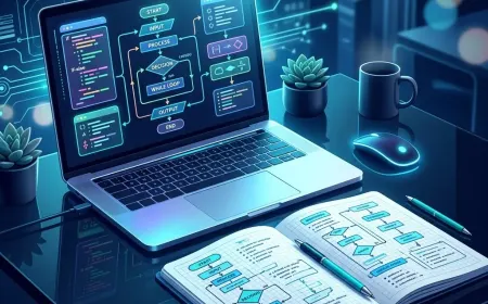 Pseudocode planning for beginners with notebook, laptop and coding steps.