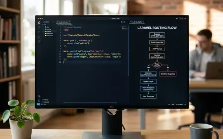 Route and controller flow displayed beside backend code in a developer workspace.