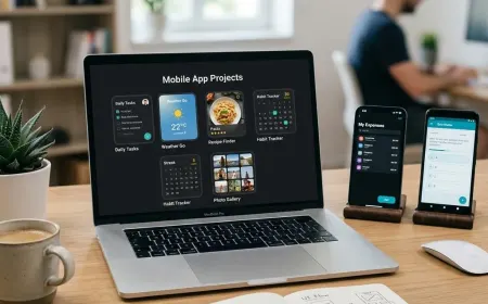 Laptop screen showing grid of five small mobile app project cards with smartphone previews.