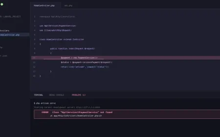 Developer debugging Laravel-style backend errors in a code editor with logs.