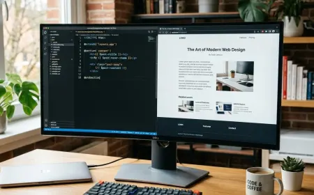 Developer workspace showing template code and a clean web page preview.
