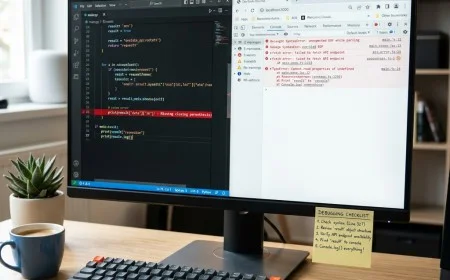 Developer screen showing code with highlighted error, console output, and breakpoint markers.