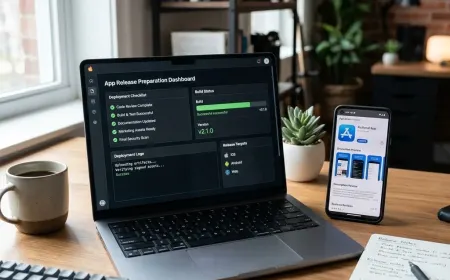 Laptop showing app release dashboard with deployment checklist and smartphone preview.