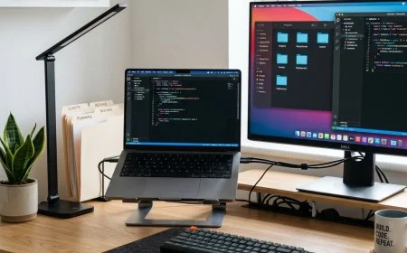 Well-organized developer desk with dual monitors, clean cables, and structured file explorer.
