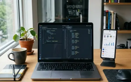 Developer screen showing API request and JSON response data flowing between app and server.