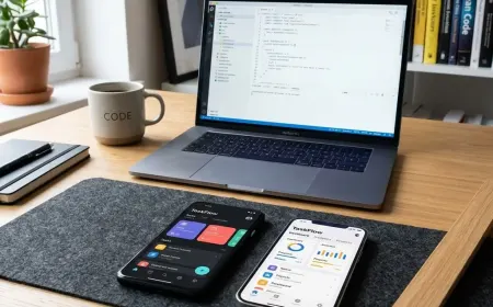 Split screen comparison showing native app code on one side and cross-platform framework on the other.