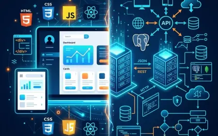 Frontend versus backend development shown with website interface and server database logic.
