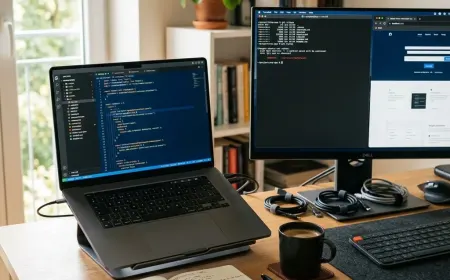 Clean developer workspace with laptop, code editor, terminal window, and organized tool icons.
