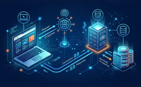 How websites work showing browser, domain, hosting server and website files.