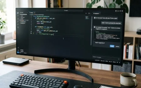 Developer screen showing AI assistant panel alongside code editor with suggestion highlights.