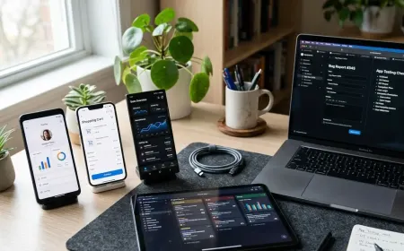 Multiple devices on desk showing different app testing screens and bug report panel.