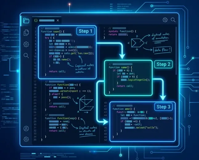 Beginner learning how to read code with highlighted sections and step-by-step coding notes.