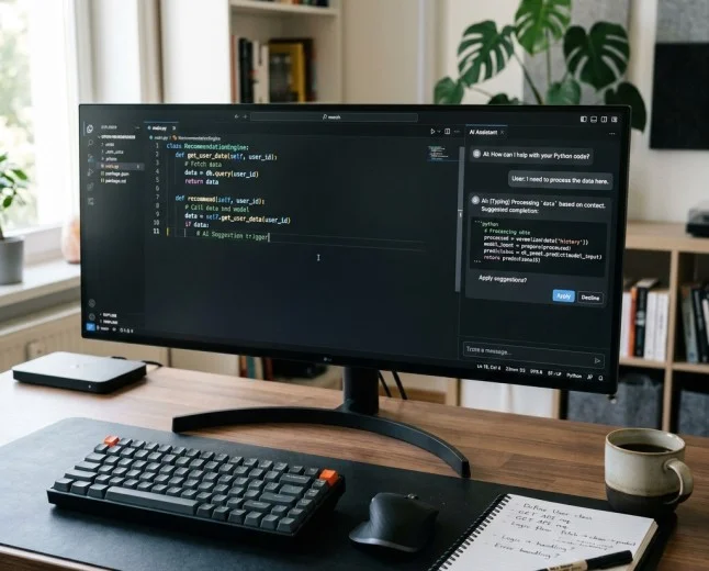 Developer screen showing AI assistant panel alongside code editor with suggestion highlights.