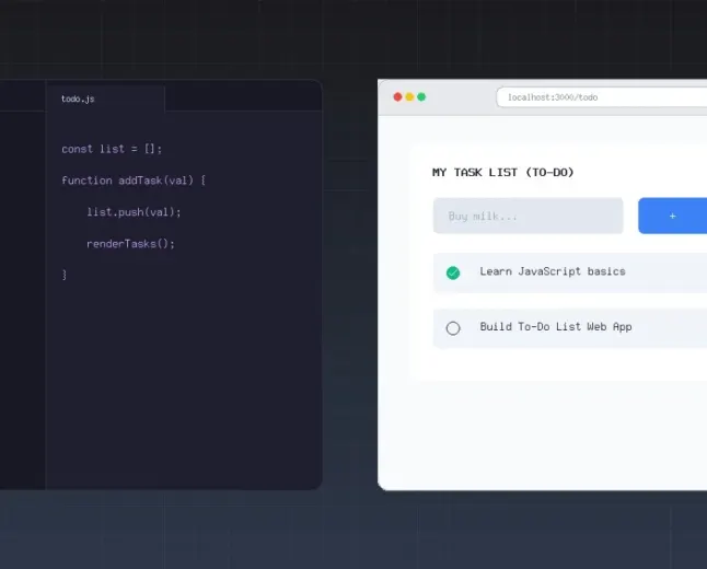 Beginner JavaScript to-do list project shown with code editor and web app preview.