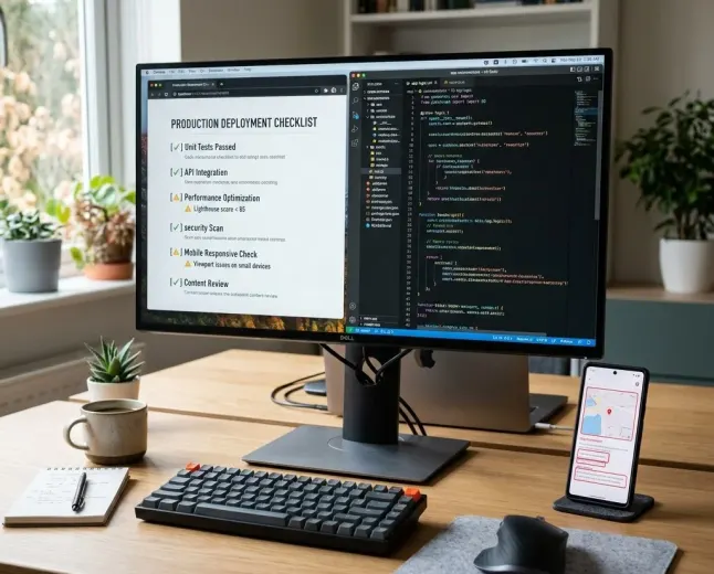 Monitor showing code testing checklist with warning icons and smartphone with highlighted issues.
