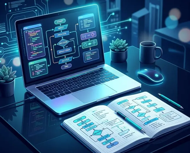Pseudocode planning for beginners with notebook, laptop and coding steps.