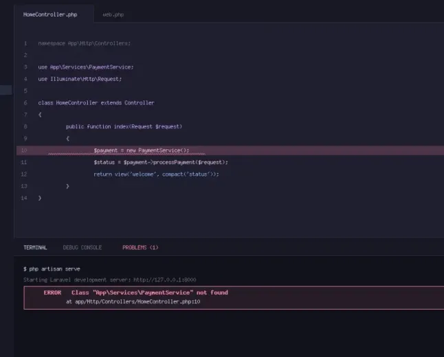 Developer debugging Laravel-style backend errors in a code editor with logs.