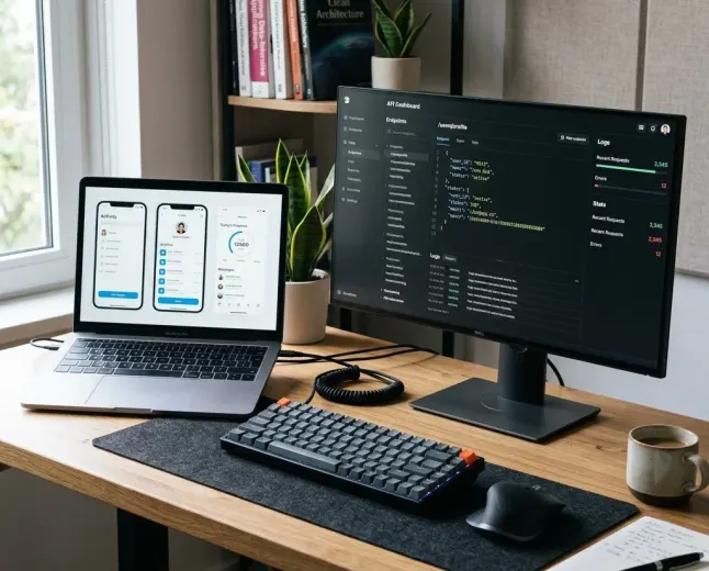 Diagram showing frontend mobile app screens connected to backend server and database.