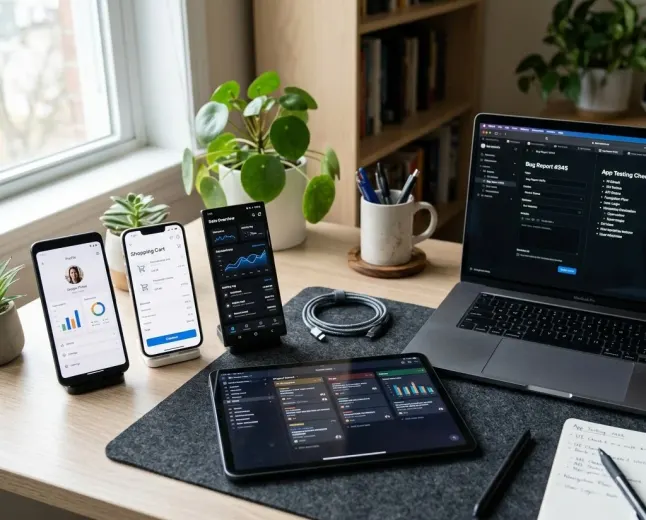 Multiple devices on desk showing different app testing screens and bug report panel.