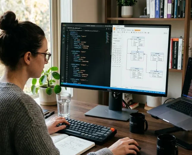 Database table structure and migration code shown in a developer workspace.