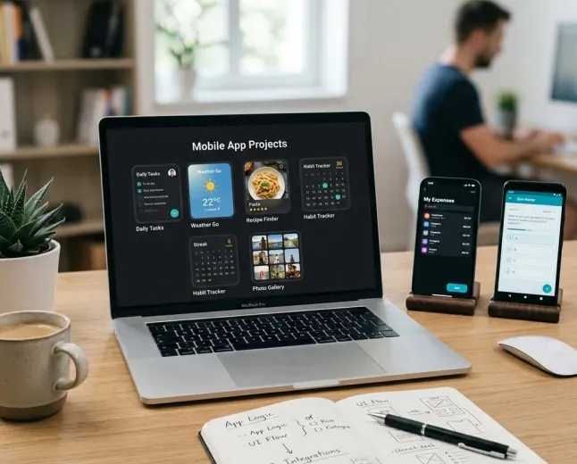 Laptop screen showing grid of five small mobile app project cards with smartphone previews.