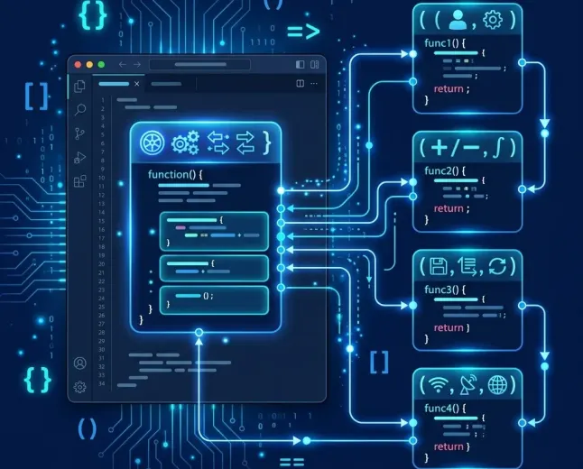 Programming functions explained with reusable code blocks and a clean code interface.
