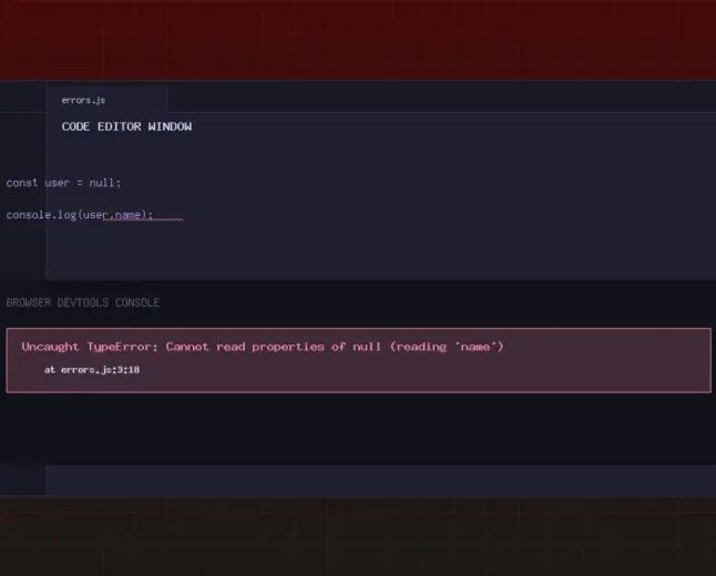 JavaScript debugging screen with console errors and highlighted code line.