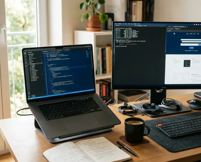 Clean developer workspace with laptop, code editor, terminal window, and organized tool icons.