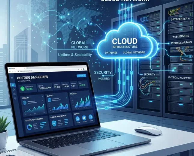 Beginner web hosting concept with website, server, cloud and domain connection.