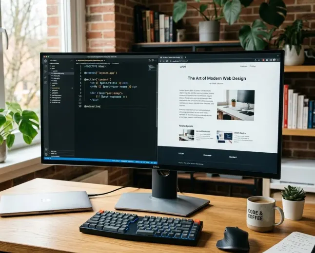 Developer workspace showing template code and a clean web page preview.