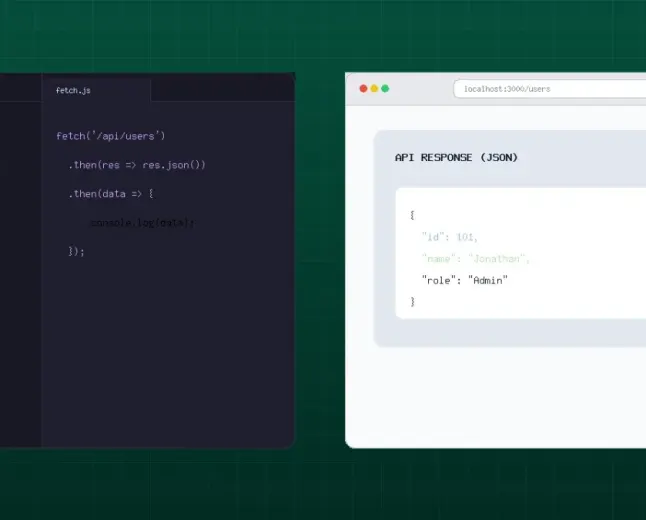 JavaScript Fetch API request showing browser, code editor and data response.