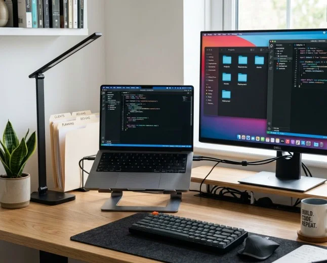 Well-organized developer desk with dual monitors, clean cables, and structured file explorer.